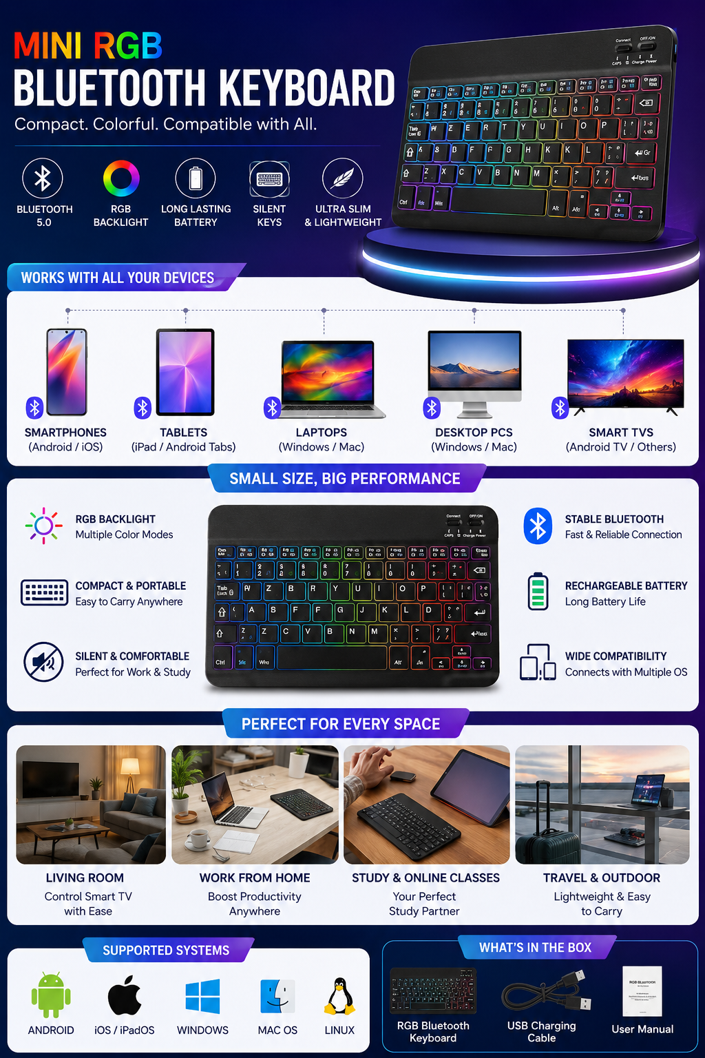 Mini RGB Bluetooth Keyboard – Compatible with Mobile, Smart TV, Tablet & Laptop