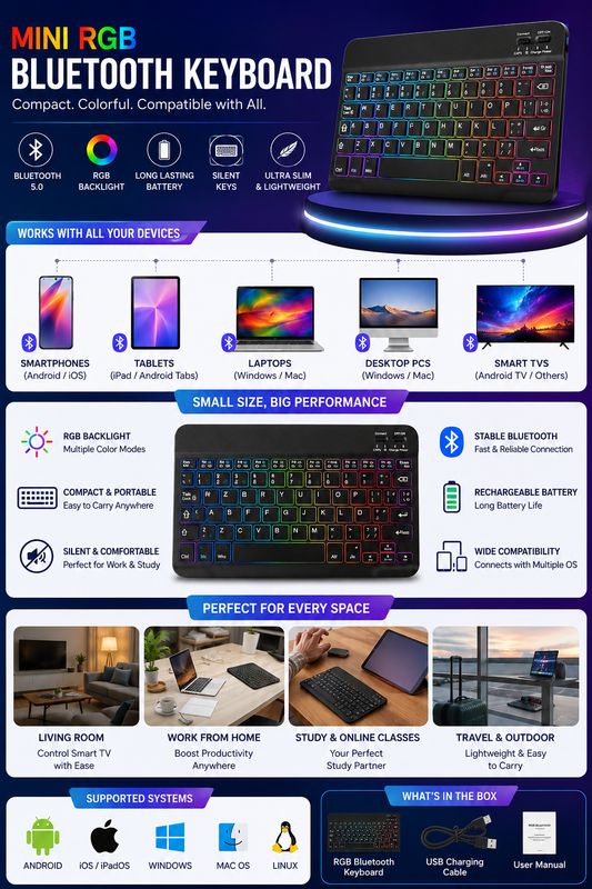 Mini RGB Bluetooth Keyboard – Compatible with Mobile, Smart TV, Tablet & Laptop