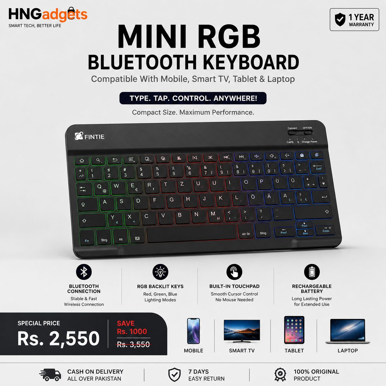 Mini RGB Bluetooth Keyboard – Compatible with Mobile, Smart TV, Tablet & Laptop